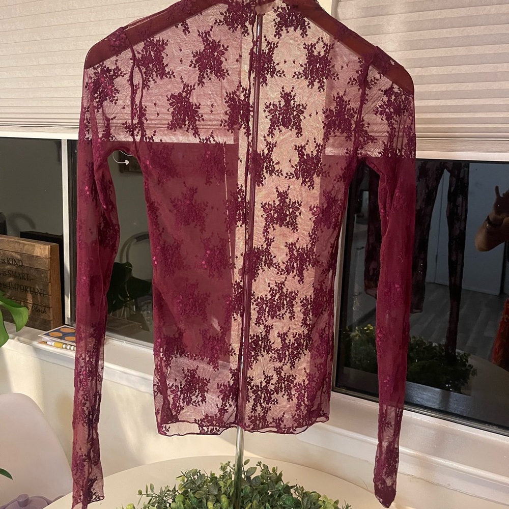 Free People Elegant Lace Sheer Top - Burgundy